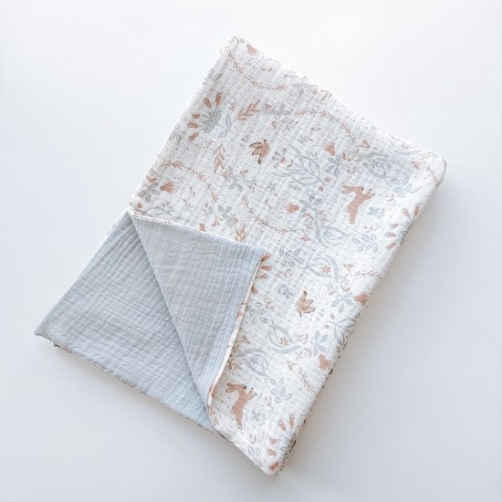 kocyk muślinowy w błękicie oraz wzór w ptaszki i zajączki