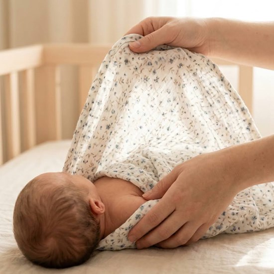 pieluszka muślinowa w kolorze śmietankowym w niebieskie kwiatuszki