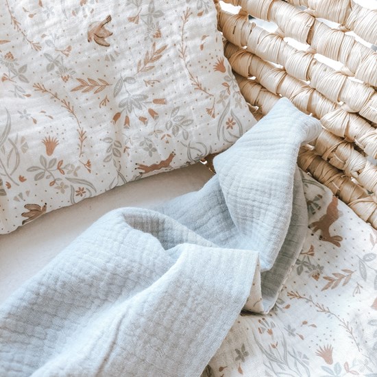 kocyk muślinowy w błękicie oraz wzór w ptaszki i zajączki